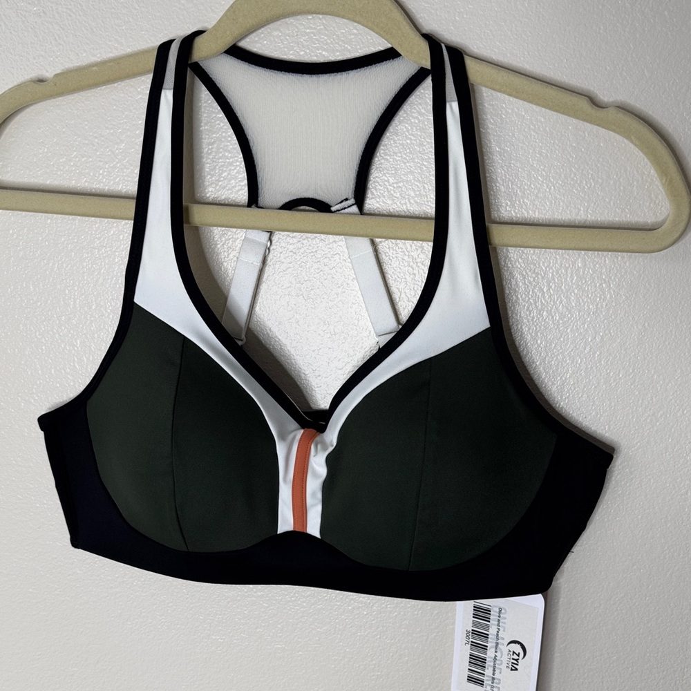 Zyia active Olive & Peach block adjustable Black & Green Sports Bra Large